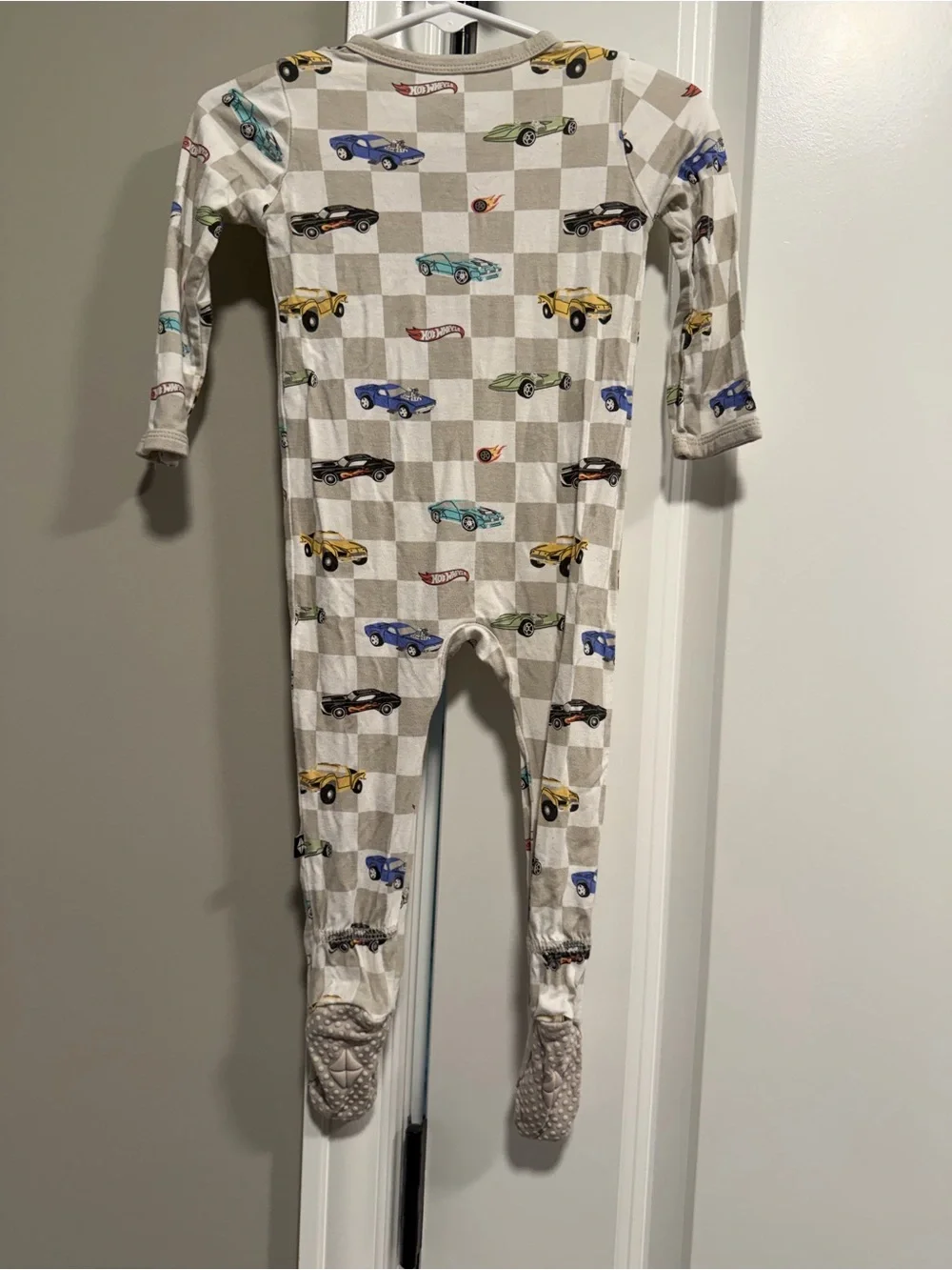 Kyte BABY Beige Checkered One-Piece Footie with Colorful Car Print